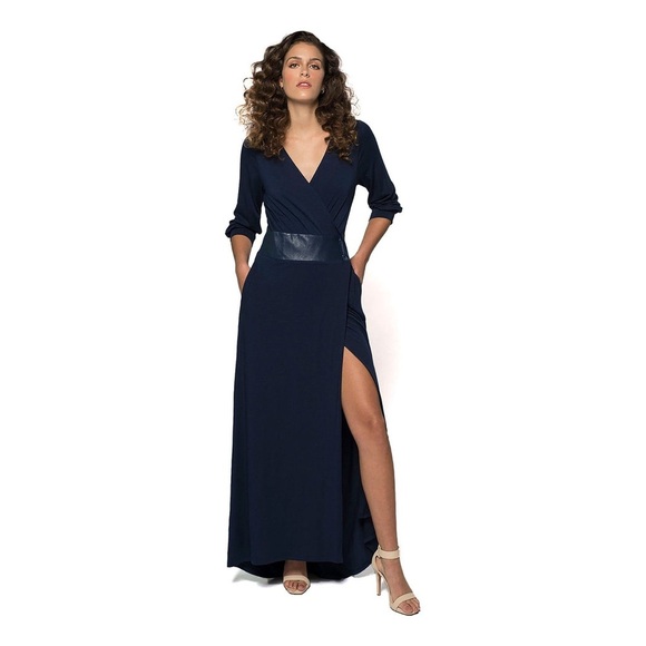 NEW Dayo Women Robe Dress Vegan Leather Waist Wrap Blue Maxi Slit Small NWT - Picture 2 of 9